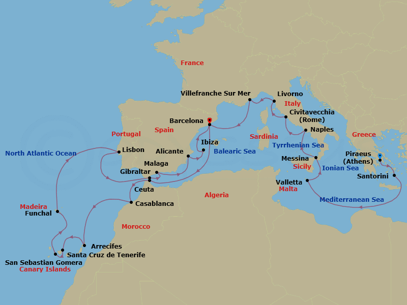 29 Night - An Extended Journey Across Three Seas, from the Aegean to the Atlantic - EXPLORA II - Starting in Piraeus (Athens), Santorini, La Valletta, Messina (Sicily), Port of Naples, Civitavecchia (Rome), Livorno (Florence), Villefranche-Sur-Mer (Nice), Barcelona, Ceuta, Casablanca, Arrecife (Lanzarote), Santa Cruz de Tenerife, San Sebastian De La Gomera, Funchal (Madeira), Lisbon, Gibraltar, Malaga, Spain, Alicante, Ibiza, Barcelona itinerary map
