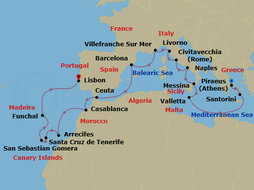 22 Night - An Extended Journey from Mediterranean Tranquility to Untamed Atlantic Shores - EXPLORA II - Starting in Piraeus (Athens), Santorini, La Valletta, Messina (Sicily), Port of Naples, Civitavecchia (Rome), Livorno (Florence), Villefranche-Sur-Mer (Nice), Barcelona, Ceuta, Casablanca, Arrecife (Lanzarote), Santa Cruz de Tenerife, San Sebastian De La Gomera, Funchal (Madeira), Lisbon itinerary map