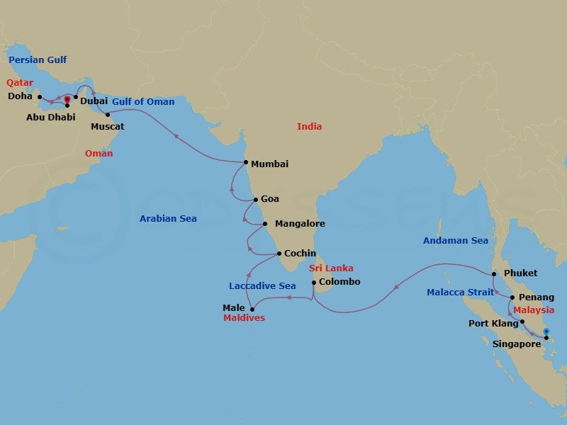 22 Night - Spice & Sands - Seven Seas Splendor - Starting in Singapore, Kuala Lumpur (Port Klang), Penang, Phuket, Cruising the Andaman Sea, Cruising the Bay of Bengal, Colombo, Cruising the Laccadive Sea, Male, Cruising the Laccadive Sea, Cochin (Kochi), Mangalore, Goa (Mormugao), Mumbai (Bombay), Cruising the Arabian Sea, Muscat, Dubai, Doha, Abu Dhabi itinerary map