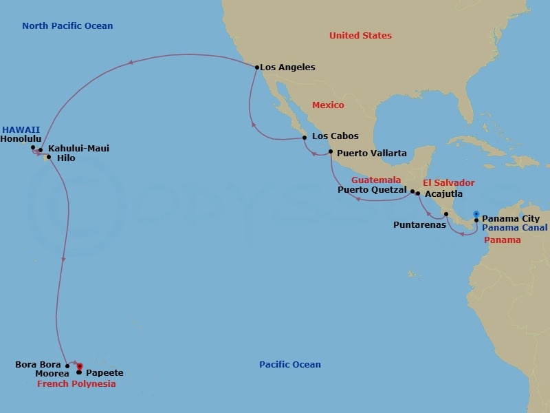 28 Night - Canal to Coral Reefs - Seven Seas Splendor - Starting in Panama City, Cruising the Pacific Ocean, Puntarenas, Cruising the Pacific Ocean, Acajutla, Puerto Quetzal, Cruising the Pacific Ocean, Puerto Vallarta, Cabo San Lucas, Cruising the Pacific Ocean, Los Angeles, Cruising the Pacific Ocean, Kahului, Honolulu, Hilo, Cruising the Pacific Ocean, Bora Bora, Moorea, Papeete (Tahiti) itinerary map