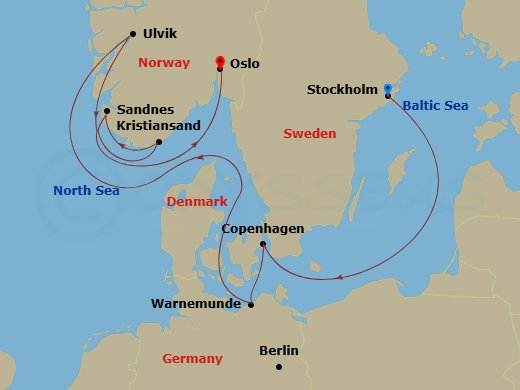 8 Night - Northern Europe - MSC Magnifica - Starting in Stockholm, Sweden, Copenhagen, Denmark, Warnemunde (Berlin), Germany, Ulvik, Norway, Kristiansand, Norway, Sandnes, Norway, Oslo, Norway itinerary map