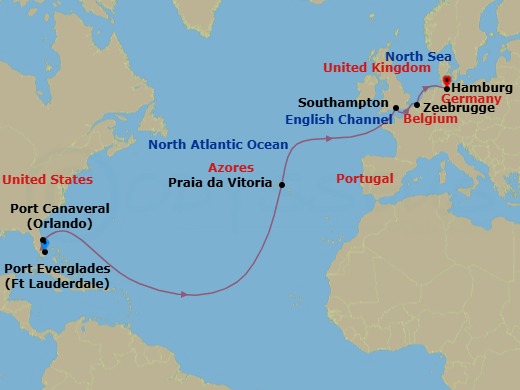 17 Night - Fort Lauderdale to Hamburg - Queen Anne - Starting in Fort Lauderdale, FL, Port Canaveral, FL, Praia da Vitoria, Azores, Portugal, Southampton, England, UK, Zeebrugge (tours to Bruges), Belgium, Hamburg, Germany itinerary map