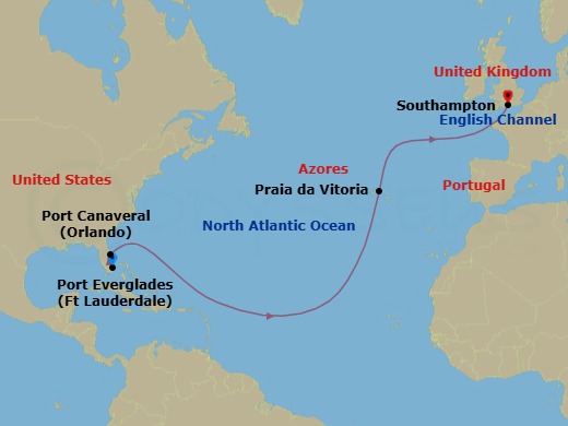 14 Night - Fort Lauderdale to Southampton - Queen Anne - Starting in Fort Lauderdale, FL, Port Canaveral, FL, Praia da Vitoria, Azores, Portugal, Southampton, England, UK itinerary map