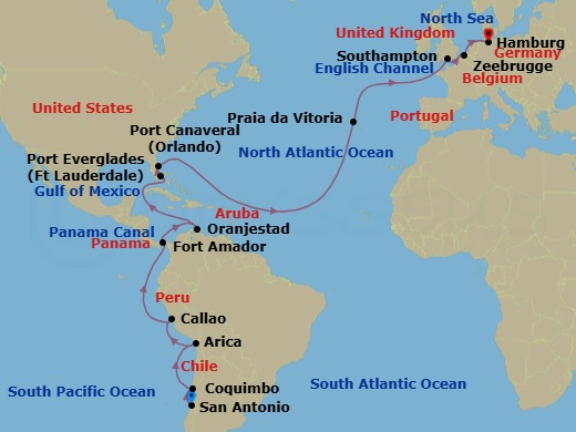 36 Night - San Antonio to Hamburg - Queen Anne - Starting in San Antonio CL (tours to Santiago), Chile, Coquimbo, Chile, Arica, Chile, Callao (tours to Lima), Peru, Fuerte Amador (tours to Panama City), Panama, Transit the Panama Canal, Panama (Full Transit), Oranjestad, Aruba, Fort Lauderdale, FL, Port Canaveral, FL, Praia da Vitoria, Azores, Portugal, Southampton, England, UK, Zeebrugge (tours to Bruges), Belgium, Hamburg, Germany itinerary map