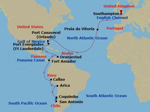 33 Night - San Antonio to Southampton - Queen Anne - Starting in San Antonio CL (tours to Santiago), Chile, Coquimbo, Chile, Arica, Chile, Callao (tours to Lima), Peru, Fuerte Amador (tours to Panama City), Panama, Transit the Panama Canal, Panama (Full Transit), Oranjestad, Aruba, Fort Lauderdale, FL, Port Canaveral, FL, Praia da Vitoria, Azores, Portugal, Southampton, England, UK itinerary map