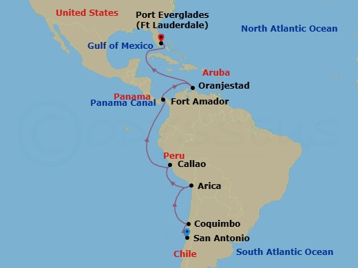 19 Night - San Antonio to Fort Lauderdale - Queen Anne - Starting in San Antonio CL (tours to Santiago), Chile, Coquimbo, Chile, Arica, Chile, Callao (tours to Lima), Peru, Fuerte Amador (tours to Panama City), Panama, Transit the Panama Canal, Panama (Full Transit), Oranjestad, Aruba, Fort Lauderdale, FL itinerary map