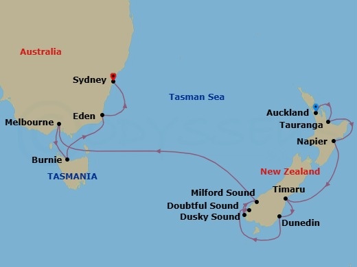 14 Night - Pre Auckland City Highlights Pre Cruisetour Package - Norwegian Spirit Tours - Starting in At Hotel, Auckland, New Zealand, Tauranga, New Zealand, Napier, New Zealand, Timaru, New Zealand, Dunedin, New Zealand, Cruise Doubtful Sound, New Zealand, Cruise Dusky Sound, New Zealand, Milford Sound, New Zealand, Melbourne, Australia, Burnie, Tasmania, Australia, Eden, Australia, Sydney AU itinerary map
