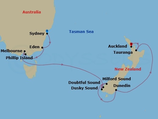 10 Night - Australia Product - Norwegian Spirit - Starting in Sydney AU, Eden, Australia, Phillip Island (Cowes), Australia, Melbourne, Australia, Cruise Doubtful Sound, New Zealand, Cruise Dusky Sound, New Zealand, Milford Sound, New Zealand, Dunedin, New Zealand, Tauranga, New Zealand, Auckland, New Zealand itinerary map