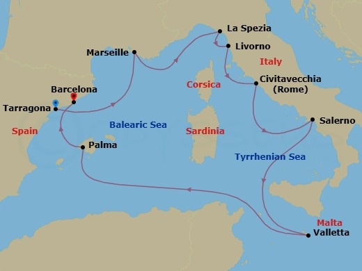 9 Night - Europe - Classic Mediterranean - Norwegian Star - Starting in Barcelona (Tarragona), Spain, Provence, Marseille, France, La Spezia, Italy, Livorno / Florence / Pisa, Italy, Civitavecchia Rome, Italy, Amalfi Coast (Salerno), Italy, Valletta, Malta, Palma Majorca, Spain, Barcelona, Spain itinerary map
