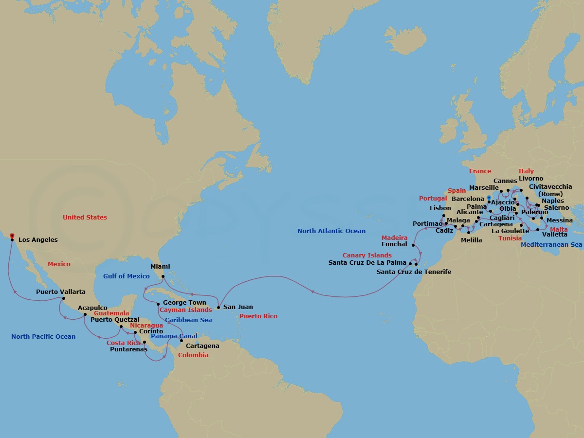 55 Night - Grand Two-Ocean Odyssey - Oceania Sonata - Starting in Barcelona, Palma De Mallorca, Provence (Marseille), Cannes, Florence / Pisa / Tuscany (Livorno), Ajaccio (Corsica), Olbia / Porto Cervo (Sardinia), Palermo (Sicily), Naples / Pompeii, Rome (Civitavecchia), Salerno, Messina (Sicily), Valletta, Tunis (La Goulette), Cagliari (Sardinia), Alicante, Cartagena ES, Melilla, Malaga, Seville (Cadiz), Lisbon, Portimao, Funchal (Madeira), Santa Cruz de Tenerife, Santa Cruz de La Palma, San Juan, Miami, George Town, Cartagena CO, Panama Canal Daylight Transit, Puntarenas, Corinto, Puerto Quetzal, Acapulco, Puerto Vallarta, Los Angeles itinerary map