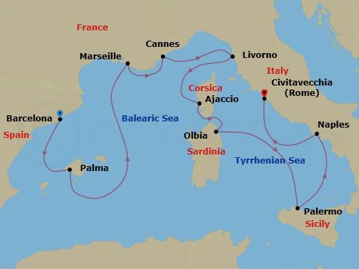 10 Night - Riviera Harbors & Isles - Oceania Sonata - Starting in Barcelona, Palma De Mallorca, Provence (Marseille), Cannes, Florence / Pisa / Tuscany (Livorno), Ajaccio (Corsica), Olbia / Porto Cervo (Sardinia), Palermo (Sicily), Naples / Pompeii, Rome (Civitavecchia) itinerary map