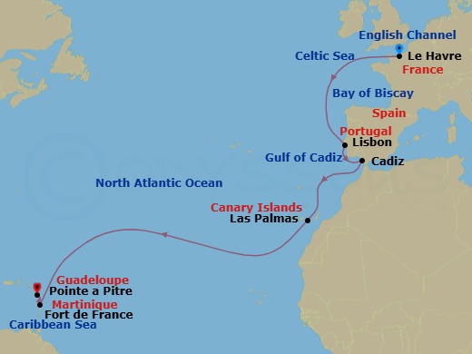 14 Night - Cruise from Le Havre to Pointe a Pitre - Costa Favolosa - Starting in Le Havre, France, Lisbon, Portugal, Cadiz, Spain, Las Palmas, Canary Islands, Martinique (Antilles), Guadeloupe (Antilles) itinerary map