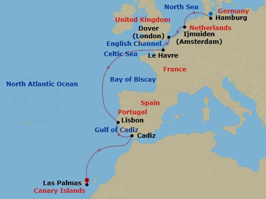 10 Night - Cruise from Hamburg to Las Palmas - Costa Favolosa - Starting in Hamburg, Germany, Amsterdam / Ijmuiden, Netherlands, Dover UK, England, Le Havre, France, Lisbon, Portugal, Cadiz, Spain, Las Palmas, Canary Islands itinerary map