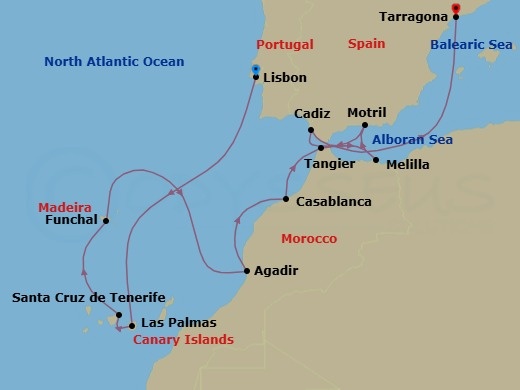 16 Night - a Glimpse of Lisbon Pre Cruisetour - Norwegian Star Tours - Starting in At Hotel, Lisbon, Portugal, Las Palmas Gran Canaria, Spain, Santa Cruz de Tenerife, Funchal, Portugal, Agadir, Morocco, Casablanca, Morocco, Tangier, Morocco, Melilla, Spain, Motril, Spain, Cadiz / Seville, Spain, Barcelona (Tarragona), Spain itinerary map