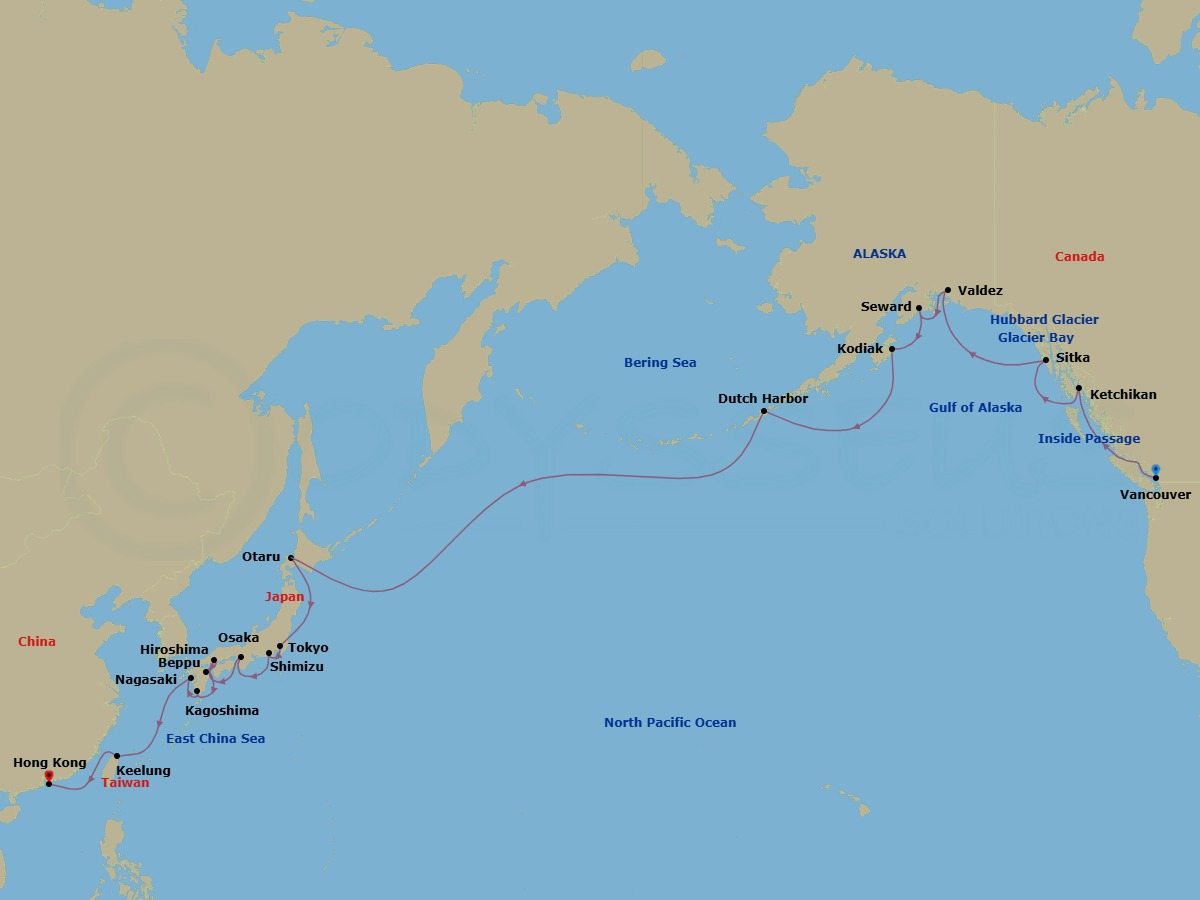 36 Night - Far East & Alaska - Viking Orion - Starting in Vancouver, British Columbia, Scenic Sailing : the Inside Passage, Ketchikan, Alaska, Sitka, Alaska, Scenic Sailing : Glacier Bay, Scenic Sailing : Hubbard Glacier, Valdez, Alaska, Seward, Alaska, Kodiak, Alaska, Dutch Harbor, Alaska, Sail the Bering Sea, Sail the North Pacific Ocean, Sail the Okhotsk Sea, Sapporo (Otaru), Scenic Sailing : Tsugaro Strait, Tokyo, Shimizu, Osaka, Hiroshima, Beppu, Kagoshima, Nagasaki, Sail the East China Sea, Taipei (Keelung), Sail the East China Sea, Hong Kong itinerary map