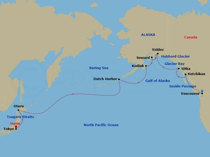 22 Night - North Pacific Passage - Viking Orion - Starting in Vancouver, British Columbia, Scenic Sailing the Inside Passage, Ketchikan, Alaska, Sitka, Alaska, Scenic Sailing Glacier Bay, Scenic Sailing Hubbard Glacier, Valdez, Alaska, Seward, Alaska, Kodiak, Alaska, Dutch Harbor, Alaska, Sail the Bering Sea, Sail the North Pacific Ocean, Sail the Okhotsk Sea, Sapporo (Otaru), Scenic Sailing Tsugaro Strait, Tokyo itinerary map