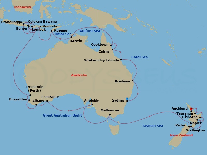 40 Night - Corals & Kiwi Coasts - Oceania Riviera - Starting in Sydney AU, Brisbane, Whitsunday Island (Airlie Beach), Cairns, Cooktown, Darwin, Kupang, West Timor, Komodo, Bali (Benoa), Lombok (Lembar), Probolinggo, Bali (Celukan Bawang), Perth (Fremantle), Busselton, Albany AU, Esperance, Adelaide, Melbourne, Picton, Wellington, Napier, Gisborne, Rotorua (Tauranga), Auckland itinerary map