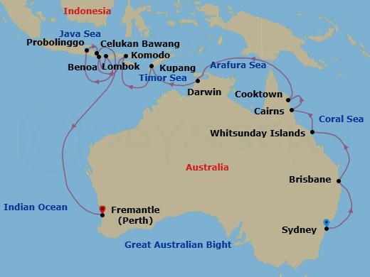 23 Night - Australasian Allure - Oceania Riviera - Starting in Sydney AU, Brisbane, Whitsunday Island (Airlie Beach), Cairns, Cooktown, Darwin, Kupang, West Timor, Komodo, Bali (Benoa), Lombok (Lembar), Probolinggo, Bali (Celukan Bawang), Perth (Fremantle) itinerary map