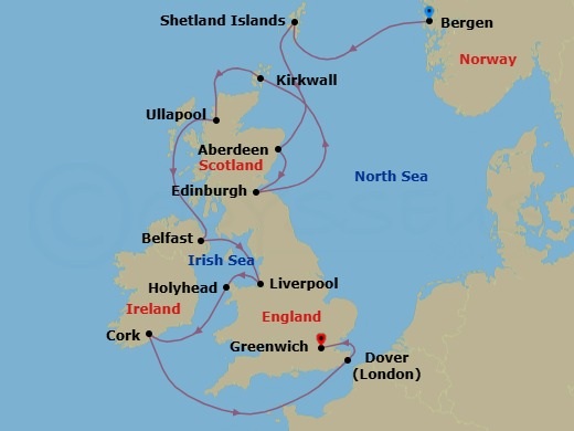 14 Night - British Isles Explorer - Viking Astrea - Starting in Bergen, Shetland Islands (Lerwick), Aberdeen, Edinburgh (Newhaven Harbour), Orkney Islands (Kirkwall), The Highlands (Ullapool), Belfast, Liverpool, Holyhead, Cork (Ringaskiddy), Scenic Sailing English Channel, Dover UK, London (Greenwich) itinerary map