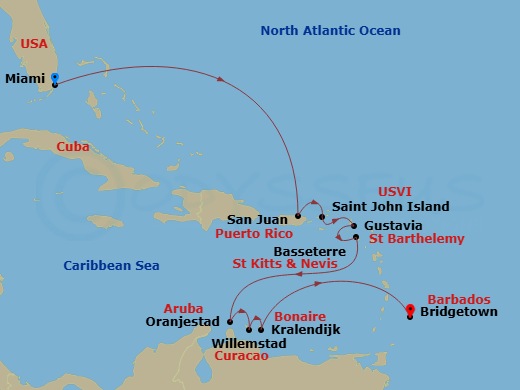 12 Night - Miami to Bridgetown - Silver Nova - Starting in Miami, Fl, San Juan, St John VI, Gustavia, St Barthelemy, St Kitts (Basseterre), Oranjestad, Aruba, Willemstad AN, Curacao, Kralendijk, Bonaire, Bridgetown itinerary map