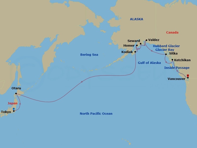 22 Night - North Pacific Passage - Viking Orion - Starting in Tokyo, Scenic Sailing : Tsugaro Strait, Sapporo (Otaru), Sail the Okhotsk Sea, Sail the North Pacific Ocean, Crossing International Dateline / East, Sail the Bering Sea, Scenic Sailing : Gulf of Alaska, Kodiak, Alaska, Homer, Seward, Alaska, Valdez, Alaska, Scenic Sailing : Hubbard Glacier, Sitka, Alaska, Scenic Sailing : Glacier Bay, Ketchikan, Alaska, Scenic Sailing : the Inside Passage, Vancouver, British Columbia itinerary map