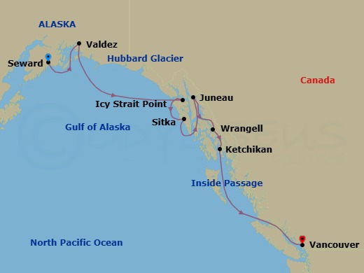 10 Night - Alaska & the Inside Passage - Viking Venus - Starting in Seward, Alaska, Valdez, Alaska, Scenic Sailing Hubbard Glacier, Icy Strait Point, Alaska, Sitka, Alaska, Juneau, Alaska, Wrangell, Alaska, Ketchikan (Ward Cove), Alaska, Scenic Sailing the Inside Passage, Vancouver, British Columbia itinerary map