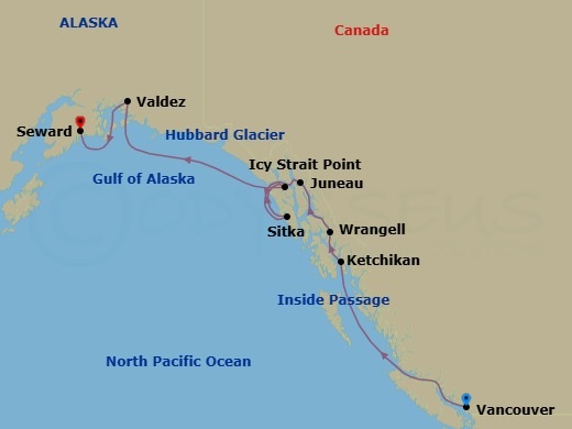10 Night - Alaska & the Inside Passage - Viking Venus - Starting in Vancouver, British Columbia, Scenic Sailing the Inside Passage, Ketchikan (Ward Cove), Alaska, Wrangell, Alaska, Juneau, Alaska, Sitka, Alaska, Icy Strait Point, Alaska, Scenic Sailing Hubbard Glacier, Valdez, Alaska, Seward, Alaska itinerary map