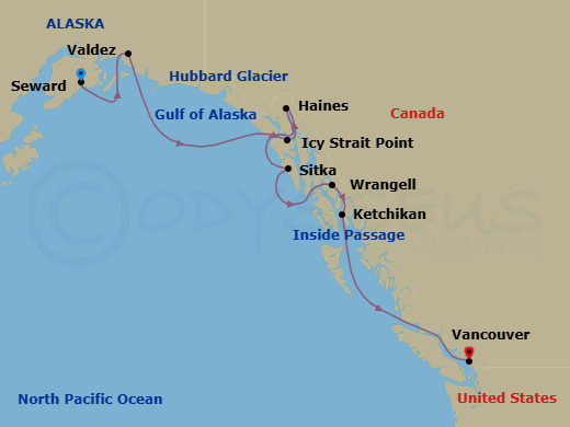 10 Night - Alaska & the Inside Passage - Viking Venus - Starting in Seward, Alaska, Valdez, Alaska, Scenic Sailing Hubbard Glacier, Icy Strait Point, Alaska, Haines, Alaska, Sitka, Alaska, Wrangell, Alaska, Ketchikan, Alaska, Scenic Sailing the Inside Passage, Vancouver, British Columbia itinerary map