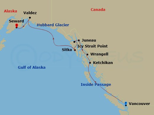 10 Night - Alaska & the Inside Passage - Viking Venus - Starting in Vancouver, British Columbia, Scenic Sailing the Inside Passage, Ketchikan, Alaska, Wrangell, Alaska, Juneau, Alaska, Icy Strait Point, Alaska, Sitka, Alaska, Scenic Sailing Hubbard Glacier, Valdez, Alaska, Seward, Alaska itinerary map