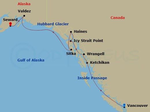 10 Night - Alaska & the Inside Passage - Viking Orion - Starting in Vancouver, British Columbia, Scenic Sailing the Inside Passage, Ketchikan, Alaska, Wrangell, Alaska, Icy Strait Point, Alaska, Haines, Alaska, Sitka, Alaska, Scenic Sailing Hubbard Glacier, Valdez, Alaska, Seward, Alaska itinerary map