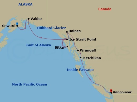 10 Night - Alaska & the Inside Passage - Viking Orion - Starting in Seward, Alaska, Valdez, Alaska, Scenic Sailing Hubbard Glacier, Icy Strait Point, Alaska, Sitka, Alaska, Haines, Alaska, Wrangell, Alaska, Ketchikan, Alaska, Scenic Sailing the Inside Passage, Vancouver, British Columbia itinerary map