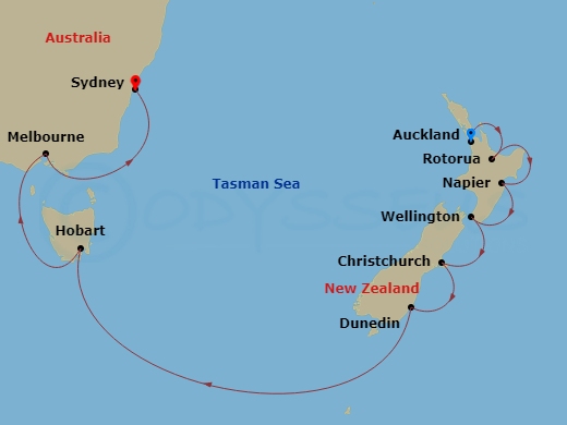 14 Night - Australia & New Zealand - Viking Orion - Starting in Auckland, Rotorua (Tauranga), Napier, Wellington, Christchurch, Dunedin, Scenic Sailing Foveaux Strait, Sail the Tasman Sea, Tasmania (Hobart), Scenic Sailing Bass Strait, Melbourne, Sail the Gippsland Coast, Sydney AU itinerary map