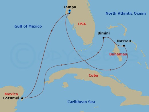 7 Night - Bahamas & Mexico Cruise - Celebrity Summit - Starting in Tampa, Florida, Cozumel, Mexico, Bimini, Bahamas, Nassau, Bahamas, Tampa, Florida itinerary map