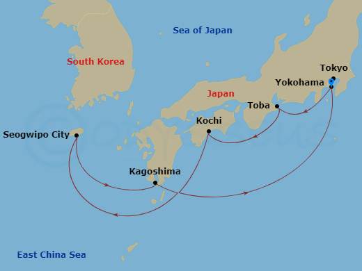 7 Night - Japan & Korea - Diamond Princess - Starting in Tokyo (Yokohama), Japan, Toba, Japan, Kochi, Japan, Jeju (Seogwipo), South Korea, Kagoshima, Japan, Tokyo (Yokohama), Japan itinerary map