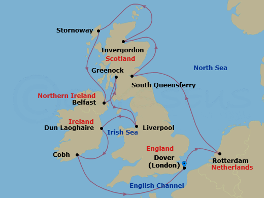 14 Night - Wild British Isles : Belfast Evening Stay - Nieuw Statendam - Starting in Dover UK (London), England, Rotterdam, the Netherlands, South Queensferry (Edinburgh), Scotland, United Kingdom, Invergordon (Inverness), Scotland, United Kingdom, Stornoway, Isle of Lewis, Scotland, United Kingdom, Belfast, Northern Ireland, United Kingdom, Greenock (Glasgow), Scotland, United Kingdom, Liverpool, England, United Kingdom, Dun Laoghaire (Dublin), Ireland, Cobh (Cork), Ireland, Dover UK (London), England itinerary map