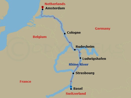 7 Night - Swiss Alps & Rhine Castles - AmaVenita - Starting in Basel, Strasbourg, Ludwigshafen, Rudesheim, Scenic Cruising, Cologne, Amsterdam itinerary map
