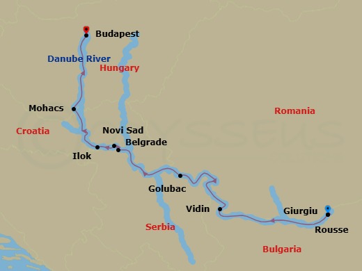 7 Night - Gems of Southeast Europe - AmaMagna - Starting in Giurgiu, Rousse, Vidin, Golubac, Belgrade, Novi Sad, Ilok, Mohacs, Budapest itinerary map