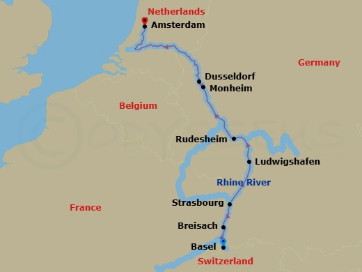 7 Night - Enchanting Rhine - AmaCerto - Starting in Basel, Breisach, Strasbourg, Ludwigshafen, Rudesheim, Scenic Cruising, Monheim, Dusseldorf, Scenic Cruising, Amsterdam itinerary map