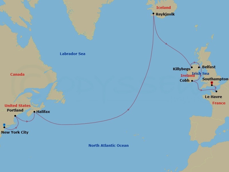 16 Night - Repo - Transatlantic - Norwegian Getaway - Starting in New York City, Ny, Portland ME, Halifax, Canada, Reykjavik, Iceland, Killybegs, Ireland, Belfast, Northern Ireland, United Kingdom, Cork / Cobh, Ireland, Le Havre / Paris, France, London (Southampton), United Kingdom itinerary map