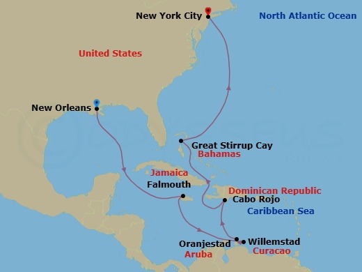 12 Night - Caribbean - Norwegian Getaway - Starting in New Orleans, La, Falmouth, Jamaica, Willemstad AN, Netherlands Antilles, Oranjestad, Aruba, Cabo Rojo, Dominican Republic, Great Stirrup Cay, Bahamas, New York City, Ny itinerary map