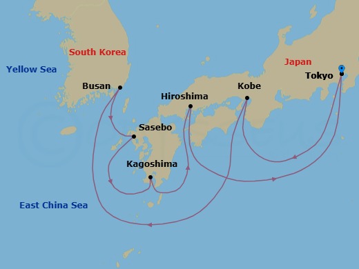 9 Night - Tokyo / Tokyo - Luminara - Starting in Tokyo, Osaka (Kobe), Busan, Sasebo, Kagoshima, Hiroshima, Tokyo itinerary map