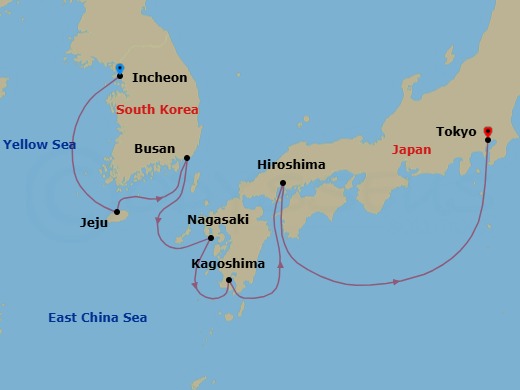 8 Night - Incheon (Seoul) / Tokyo - Luminara - Starting in Incheon (Seoul), Jeju (Cheju), Busan, Nagasaki, Kagoshima, Hiroshima, Tokyo itinerary map