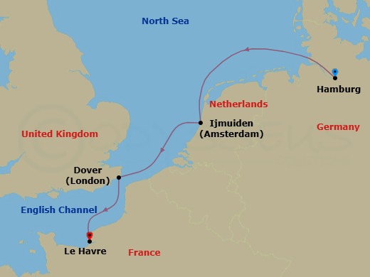 4 Night - Cruise from Hamburg to Le Havre - Costa Favolosa - Starting in Hamburg, Germany, Amsterdam / Ijmuiden, Netherlands, Dover UK, England, Le Havre, France itinerary map