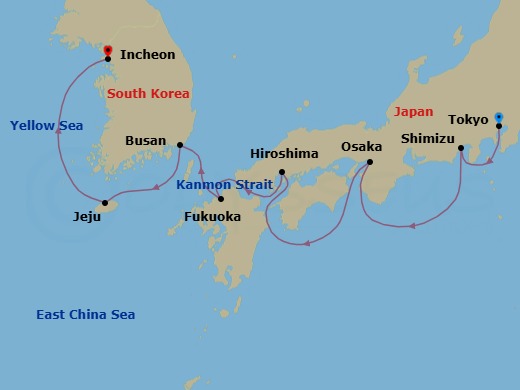 10 Night - Tokyo / Incheon (Seoul) - Luminara - Starting in Tokyo, Shimizu, Osaka, Hiroshima, Fukuoka, Busan, Jeju (Cheju), Incheon (Seoul) itinerary map