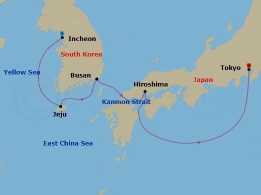 7 Night - Incheon (Seoul) / Tokyo - Luminara - Starting in Incheon (Seoul), Jeju (Cheju), Busan, Hiroshima, Tokyo itinerary map