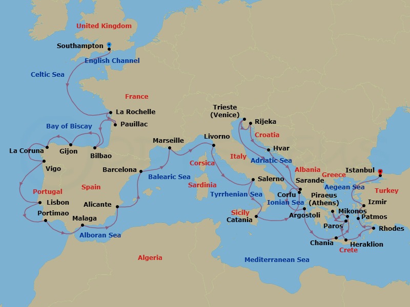 36 Night - Crowning Ancient Cultures - Oceania Sonata - Starting in London (Southampton), La Rochelle, France, Bordeaux (Pauillac), Bilbao, Gijon, Spain, La Coruna, Santiago De Compostela (Vigo), Lisbon, Portimao, Malaga, Alicante, Barcelona, Provence (Marseille), Florence / Pisa / Tuscany (Livorno), Salerno, Catania (Sicily), Corfu, Trieste, Rijeka, Hvar, Sarande, Argostoli (Cephalonia), Chania (Crete), Mykonos, Athens (Piraeus), Paros, Heraklion (Crete), Rhodes, Patmos, Izmir, Istanbul itinerary map