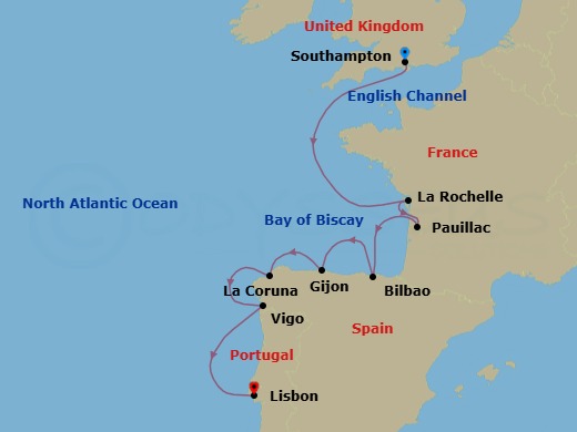 10 Night - Adventures in Iberia - Oceania Sonata - Starting in London (Southampton), La Rochelle, France, Bordeaux (Pauillac), Bilbao, Gijon, Spain, La Coruna, Santiago De Compostela (Vigo), Lisbon itinerary map