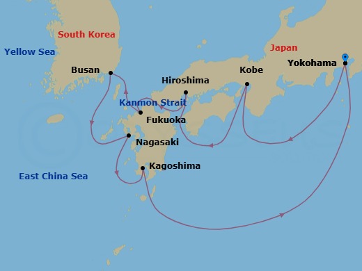 10 Night - Tokyo (Yokohama) / Tokyo (Yokohama) - Luminara - Starting in Tokyo (Yokohama), Osaka (Kobe), Hiroshima, Fukuoka, Busan, Nagasaki, Kagoshima, Tokyo (Yokohama) itinerary map