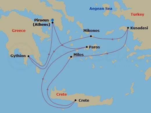 7 Night - Athens to Athens - Silver Nova - Starting in Athens (Piraeus), Paros, Souda Bay (Crete), Milos, Kusadasi, Mykonos, Gythion, Athens (Piraeus) itinerary map