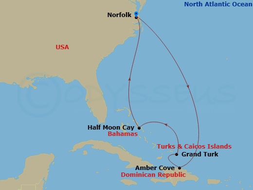8 Night - Eastern Caribbean - Carnival Freedom - Starting in Norfolk, Va, Amber Cove, Dominican Republic, Grand Turk, Relaxaway, Half Moon Cay, Norfolk, Va itinerary map